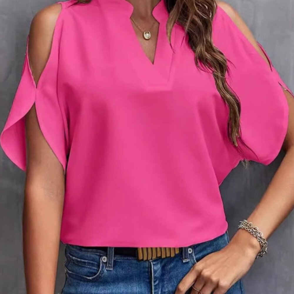 Half Sleeves Loose Hollow Solid Color Cold Shoulder T-Shirts Tops